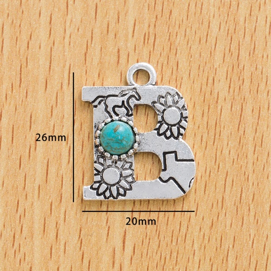 Immagine di 10 Pz Lega di Zinco Stile Bohemien Ciondoli Argento Antico Lettera Lettere " B " Con Resina Cabochon Imitazione Turchese 26mm x 20mm