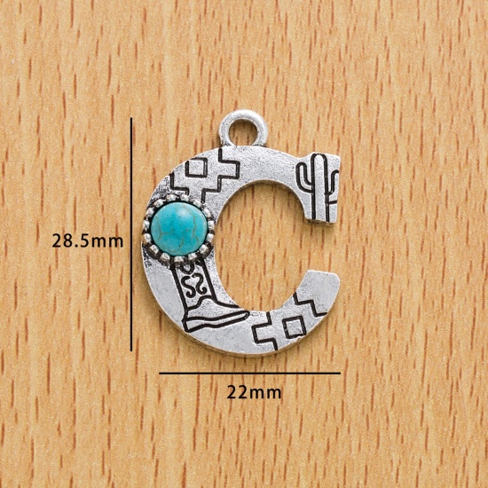 Immagine di 10 Pz Lega di Zinco Stile Bohemien Ciondoli Argento Antico Lettera Lettere " C " Con Resina Cabochon Imitazione Turchese 28.5mm x 22mm