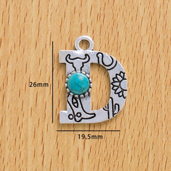 Immagine di 10 Pz Lega di Zinco Stile Bohemien Ciondoli Argento Antico Lettera Lettere " D " Con Resina Cabochon Imitazione Turchese 26mm x 19.5mm