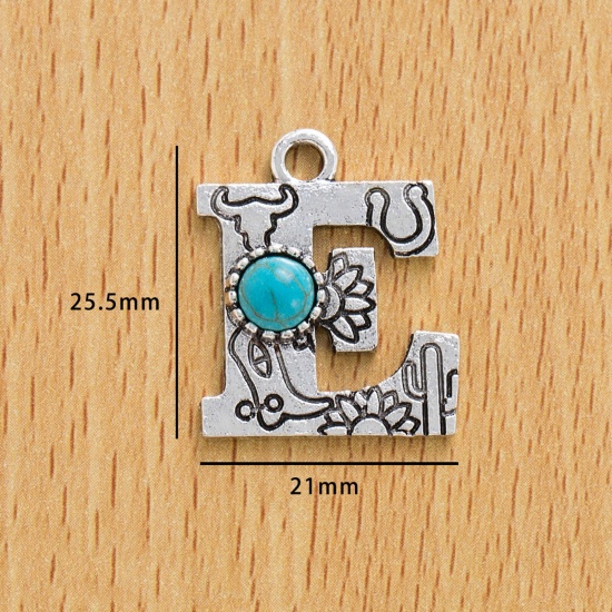 Immagine di 10 Pz Lega di Zinco Stile Bohemien Ciondoli Argento Antico Lettera Lettere " E " Con Resina Cabochon Imitazione Turchese 25.5mm x 21mm