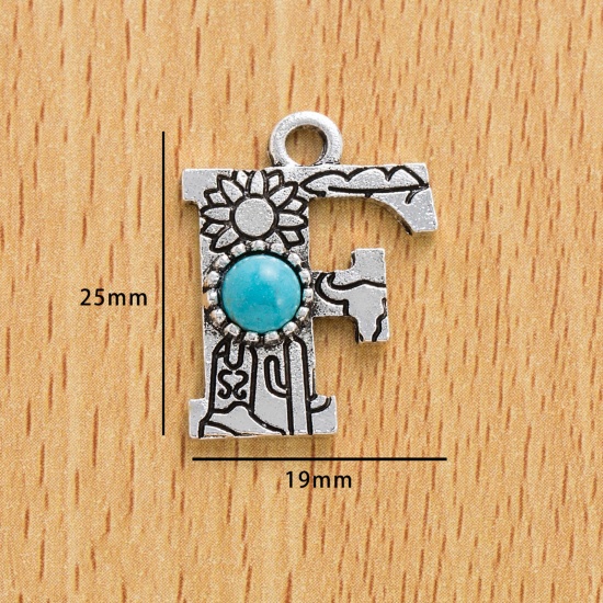 Immagine di 10 Pz Lega di Zinco Stile Bohemien Ciondoli Argento Antico Lettera Lettere " F " Con Resina Cabochon Imitazione Turchese 25mm x 19mm