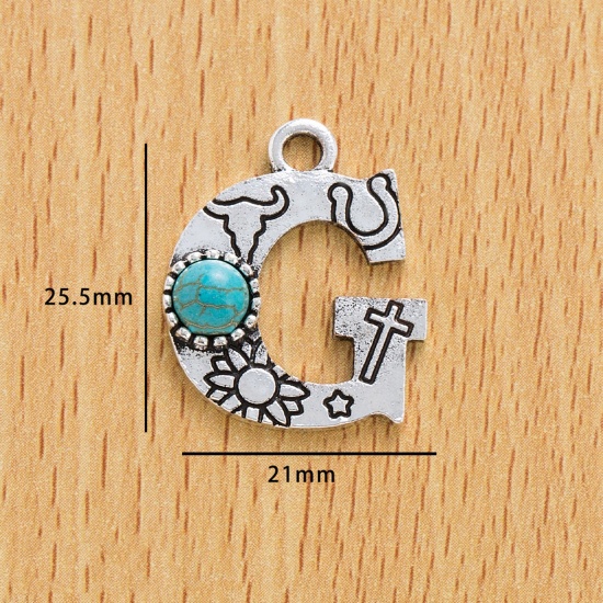 Immagine di 10 Pz Lega di Zinco Stile Bohemien Ciondoli Argento Antico Lettera Lettere " G " Con Resina Cabochon Imitazione Turchese 25.5mm x 21mm