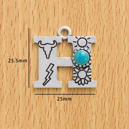 Immagine di 10 Pz Lega di Zinco Stile Bohemien Ciondoli Argento Antico Lettera Lettere " H " Con Resina Cabochon Imitazione Turchese 25.5mm x 25mm