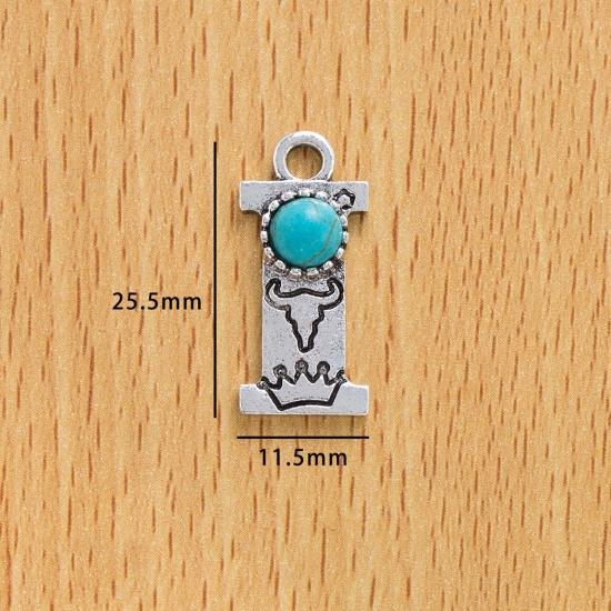 Immagine di 10 Pz Lega di Zinco Stile Bohemien Ciondoli Argento Antico Lettera Lettere " I " Con Resina Cabochon Imitazione Turchese 25.5mm x 11.5mm