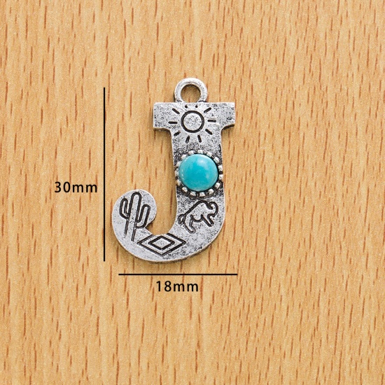 Immagine di 10 Pz Lega di Zinco Stile Bohemien Ciondoli Argento Antico Lettera Lettere " J " Con Resina Cabochon Imitazione Turchese 3cm x 1.8cm