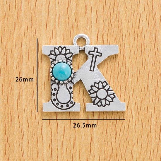 Immagine di 10 Pz Lega di Zinco Stile Bohemien Ciondoli Argento Antico Lettera Lettere " K " Con Resina Cabochon Imitazione Turchese 26.5mm x 26mm