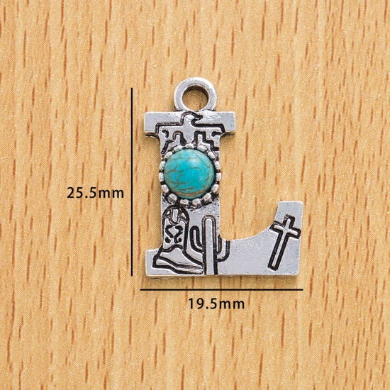 Immagine di 10 Pz Lega di Zinco Stile Bohemien Ciondoli Argento Antico Lettera Lettere " L " Con Resina Cabochon Imitazione Turchese 25.5mm x 19.5mm