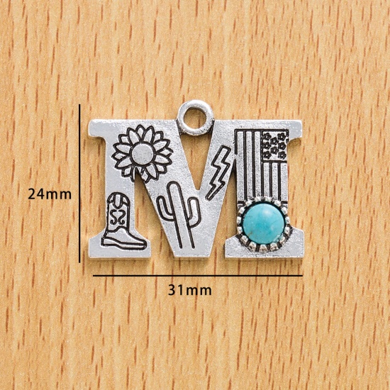 Immagine di 10 Pz Lega di Zinco Stile Bohemien Ciondoli Argento Antico Lettera Lettere " M " Con Resina Cabochon Imitazione Turchese 3.1cm x 2.4cm