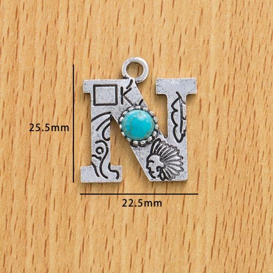 Immagine di 10 Pz Lega di Zinco Stile Bohemien Ciondoli Argento Antico Lettera Lettere " N " Con Resina Cabochon Imitazione Turchese 25.5mm x 22.5mm