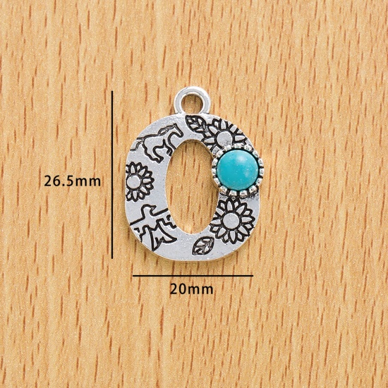 Immagine di 10 Pz Lega di Zinco Stile Bohemien Ciondoli Argento Antico Lettera Lettere " O " Con Resina Cabochon Imitazione Turchese 26.5mm x 20mm