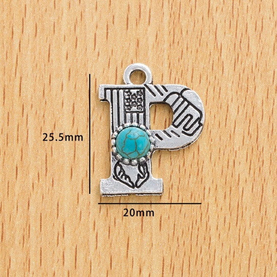 Immagine di 10 Pz Lega di Zinco Stile Bohemien Ciondoli Argento Antico Lettera Lettere " P " Con Resina Cabochon Imitazione Turchese 25.5mm x 20mm