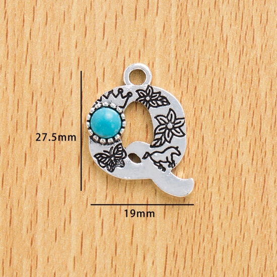 Immagine di 10 Pz Lega di Zinco Stile Bohemien Ciondoli Argento Antico Lettera Lettere " Q " Con Resina Cabochon Imitazione Turchese 25.5mm x 19mm