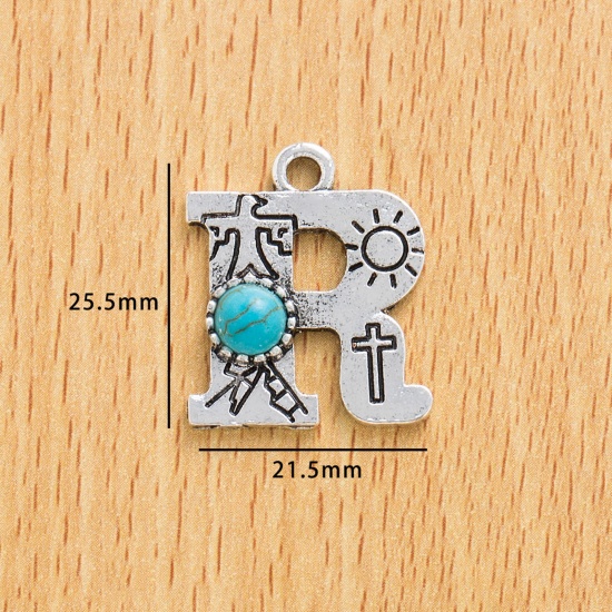 Immagine di 10 Pz Lega di Zinco Stile Bohemien Ciondoli Argento Antico Lettera Lettere " R " Con Resina Cabochon Imitazione Turchese 25.5mm x 21.5mm