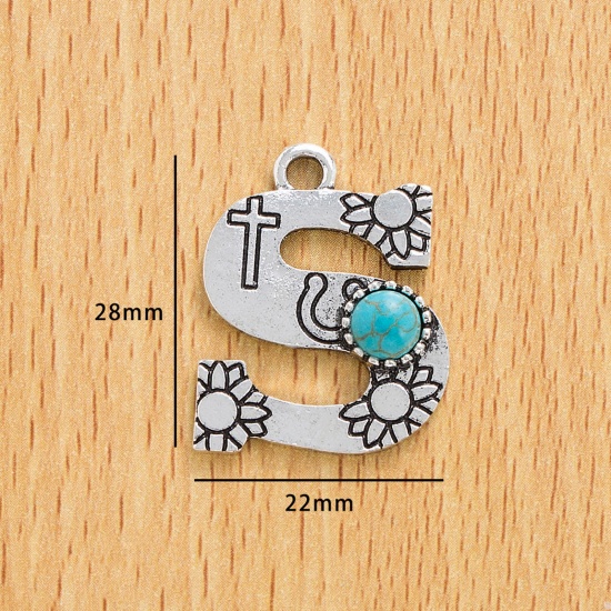 Immagine di 10 Pz Lega di Zinco Stile Bohemien Ciondoli Argento Antico Lettera Lettere " S " Con Resina Cabochon Imitazione Turchese 28mm x 22mm