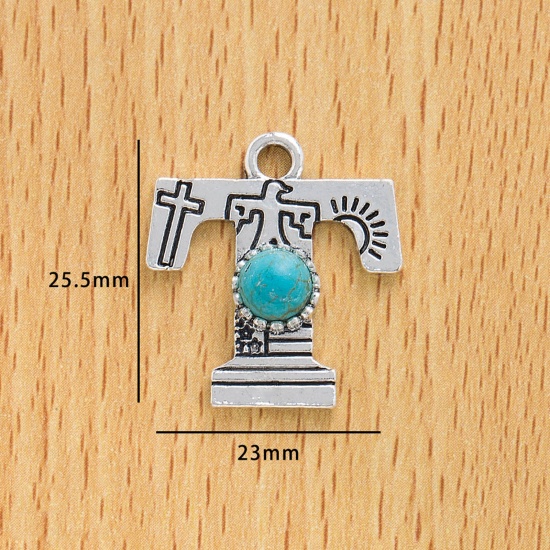 Immagine di 10 Pz Lega di Zinco Stile Bohemien Ciondoli Argento Antico Lettera Lettere " T " Con Resina Cabochon Imitazione Turchese 25.5mm x 23mm