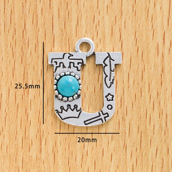 Immagine di 10 Pz Lega di Zinco Stile Bohemien Ciondoli Argento Antico Lettera Lettere " U " Con Resina Cabochon Imitazione Turchese 25.5mm x 20mm