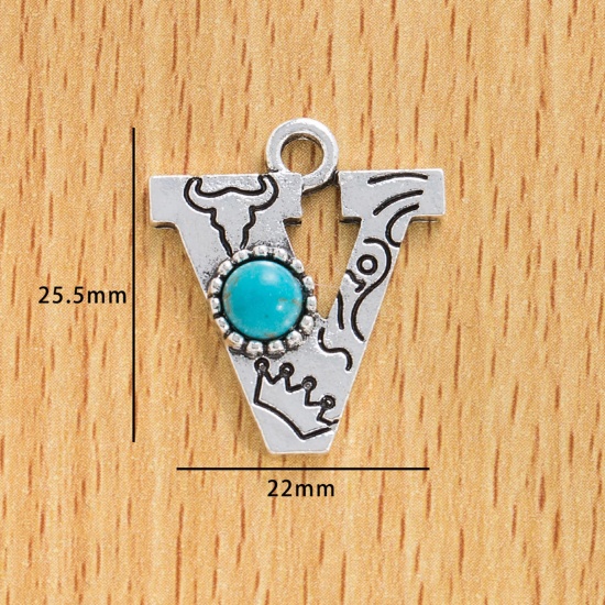 Immagine di 10 Pz Lega di Zinco Stile Bohemien Ciondoli Argento Antico Lettera Lettere " V " Con Resina Cabochon Imitazione Turchese 25.5mm x 22mm