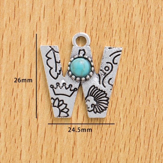 Immagine di 10 Pz Lega di Zinco Stile Bohemien Ciondoli Argento Antico Lettera Lettere " W " Con Resina Cabochon Imitazione Turchese 26mm x 24.5mm