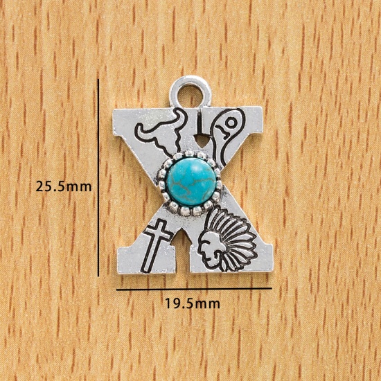 Immagine di 10 Pz Lega di Zinco Stile Bohemien Ciondoli Argento Antico Lettera Lettere " X " Con Resina Cabochon Imitazione Turchese 25.5mm x 19.5mm