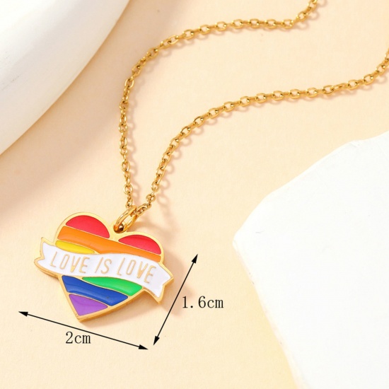 Bild von 1 Stück Vakuumbeschichtung 304 Edelstahl Regenbogen Charms Herz Vergoldet Bunt Message " LOVE IS LOVE " Emaille 20mm x 16mm