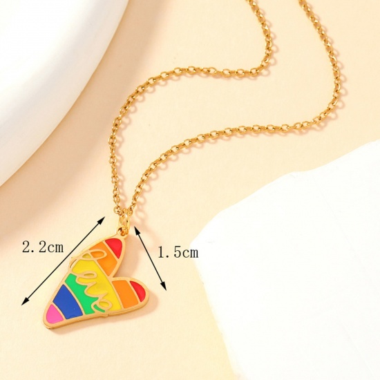 Bild von 1 Stück Vakuumbeschichtung 304 Edelstahl Regenbogen Charms Herz Vergoldet Bunt Message " LOVE " Emaille 22mm x 15mm