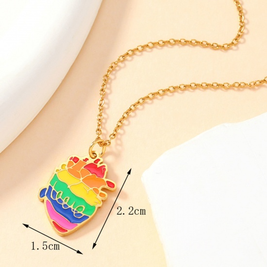 Immagine di 1 Pz Placcatura Sottovuoto 304 Acciaio Inossidabile Arcobaleno Ciondoli Cuore Oro Placcato Multicolore Messaggio " LOVE " Smalto 15mm x 22mm