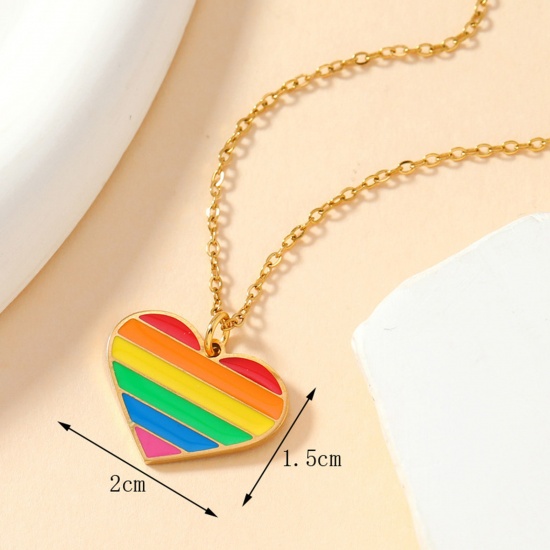 Immagine di 1 Pz Placcatura Sottovuoto 304 Acciaio Inossidabile Arcobaleno Ciondoli Cuore Oro Placcato Multicolore Smalto 20mm x 15mm