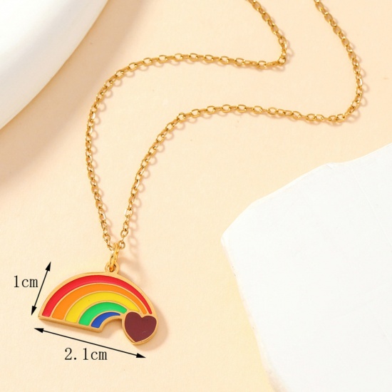 Immagine di 1 Pz Placcatura Sottovuoto 304 Acciaio Inossidabile Arcobaleno Ciondoli Arcobaleno Oro Placcato Multicolore Cuore Smalto 21mm x 10mm