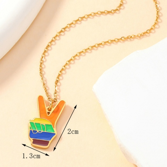 Immagine di 1 Pz Placcatura Sottovuoto 304 Acciaio Inossidabile Arcobaleno Ciondoli V Gesto del Segno della Mano di Vittoria Oro Placcato Multicolore Smalto 13mm x 20mm
