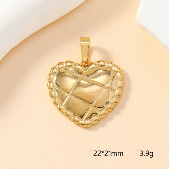 Picture of 2 PCs Vacuum Plating 304 Stainless Steel Casting Charm Pendant Gold Plated Heart Grid Checker 22mm x 21mm