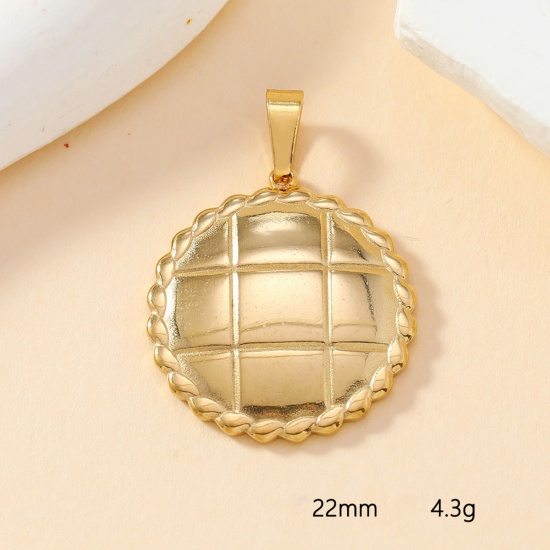 Picture of 2 PCs Vacuum Plating 304 Stainless Steel Casting Disc Charm Pendant Gold Plated Round Grid Checker 22mm Dia.