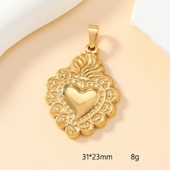 Picture of 2 PCs Vacuum Plating 304 Stainless Steel Casting Charm Pendant Gold Plated Heart 31mm x 20mm