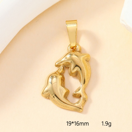 Picture of 2 PCs Vacuum Plating 304 Stainless Steel Casting Charm Pendant Gold Plated Dolphin Animal 19mm x 16mm