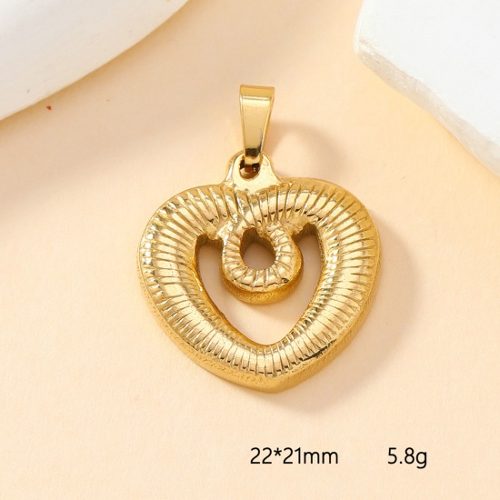 Picture of 2 PCs Vacuum Plating 304 Stainless Steel Casting Charm Pendant Gold Plated Heart Stripe 22mm x 21mm