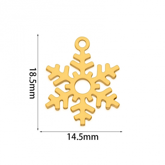 2 個 真空メッキ 201ステンレス鋼 クリスマス チャーム 金メッキ スノーフレーク 透かし 18.5mm x 14.5mm、 の画像
