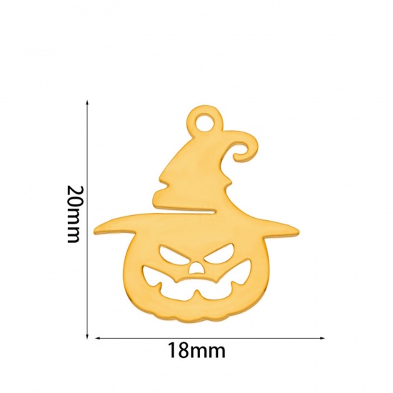 Immagine di 2 Pz Placcatura Sottovuoto 201 Acciaio Inossidabile Semplice Ciondoli Halloween Zucca Oro Placcato Cappello Filigrana 20mm x 18mm