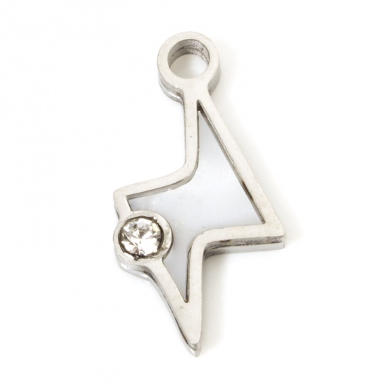 Picture of 2 PCs 304 Stainless Steel Charms Silver Tone Lightning Natural Shell Clear Rhinestone 18mm x 9mm