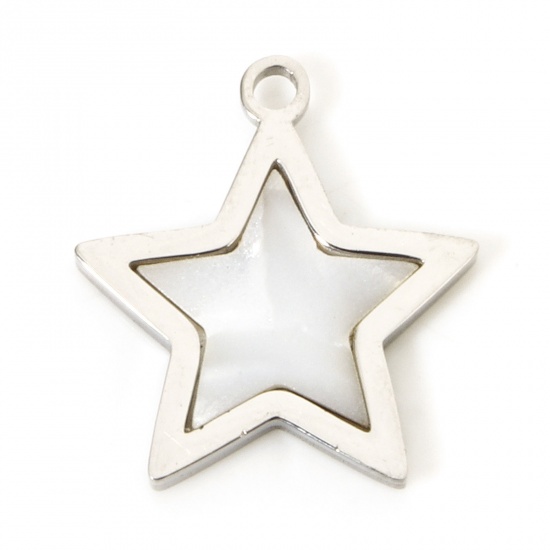 Picture of 2 PCs 304 Stainless Steel Charms Silver Tone Pentagram Star Natural Shell 15mm x 14mm