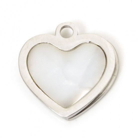 Picture of 2 PCs 304 Stainless Steel Charms Silver Tone Heart Natural Shell 11mm x 11mm