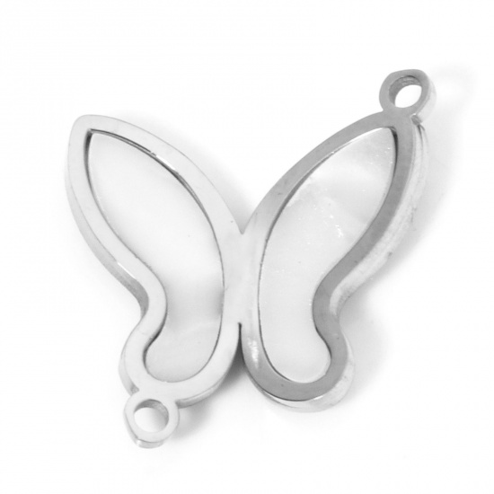 Picture of 2 PCs 304 Stainless Steel Connectors Charms Pendants Silver Tone Butterfly Animal Natural Shell 17mm x 17mm