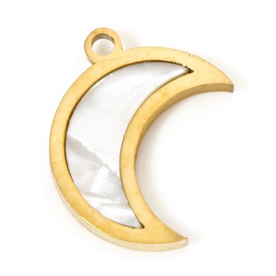 Picture of 2 PCs Vacuum Plating 304 Stainless Steel Charms 18K Gold Plated Half Moon Natural Shell 14mm x 11mm