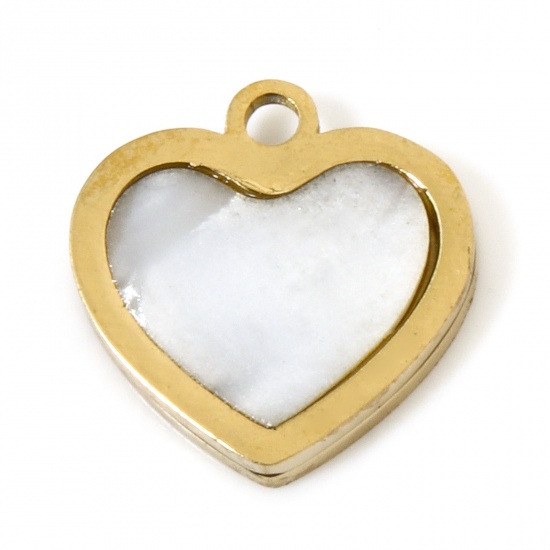 Picture of 2 PCs Vacuum Plating 304 Stainless Steel Charms 18K Gold Plated Heart Natural Shell 11mm x 11mm