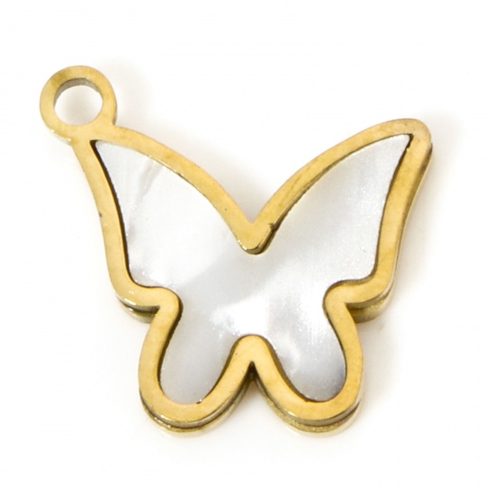 Picture of 2 PCs Vacuum Plating 304 Stainless Steel Charms 18K Gold Plated Butterfly Animal Natural Shell 12.5mm x 12mm