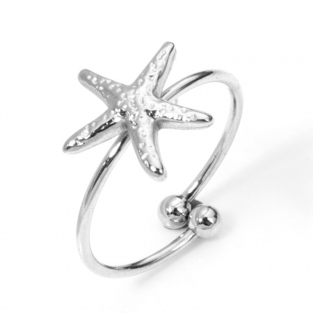 Picture of Wholesale Women's Gift Star Fish Open Adjustable Rings, Silver Tone 304 Stainless Steel, Ocean Jewelry Stylish Jewelry Supply, 17.7mm(US Size 7.5), 1 Piece