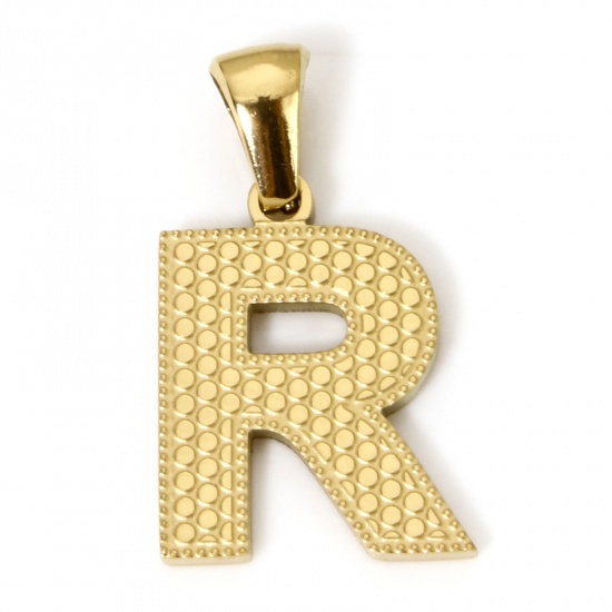 Image de 2 Pcs Pendentif Breloque en 304 Acier Inoxydable Placage sous Vide PVD Respectueux de l'Environnement Simple Alphabet Majuscule Lettre Initiale Plaqué Or Véritable 18K Gravé Mots" R " 23mm x 13.5mm