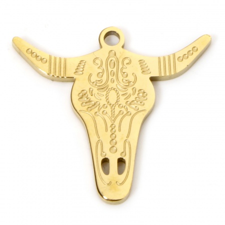 Picture of 2 PCs Eco-friendly PVD Vacuum Plating Waterproof Anti-Tarnish Hypoallergenic 304 Stainless Steel West Cowboy Charms 18K Real Gold Plated Bull Head/ Cow Head Carved Pattern 20mm x 18mm