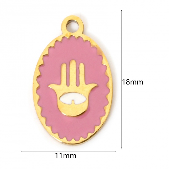 Image de 2 Pcs Breloques en 304 Acier Inoxydable Placage sous Vide PVD Respectueux de l'Environnement Religieux Ovale Plaqué Or Véritable 18K Rose Main Émail 18mm x 11mm