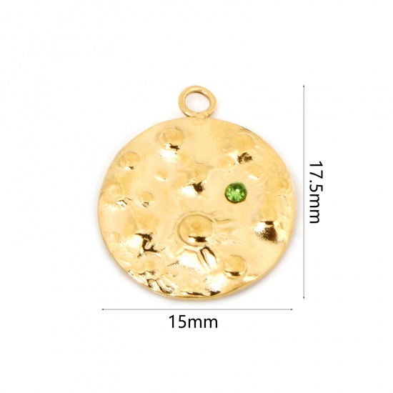 Picture of 1 Piece Vacuum Plating 304 Stainless Steel Galaxy Disc Charms Gold Plated Round Universe Planet Green Rhinestone 17.5mm x 15mm