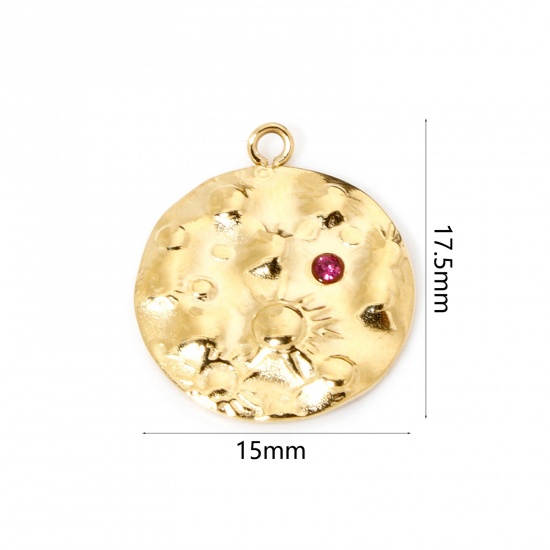 Picture of 1 Piece Vacuum Plating 304 Stainless Steel Galaxy Disc Charms Gold Plated Round Universe Planet Red Rhinestone 17.5mm x 15mm