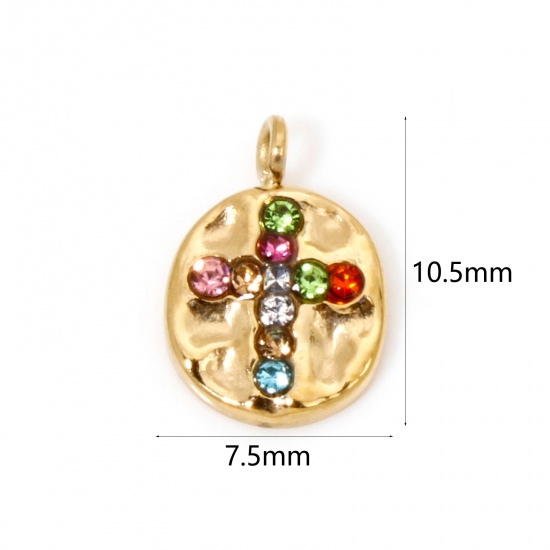 Picture of 1 Piece Vacuum Plating 304 Stainless Steel Hammered Charms Gold Plated Oval Cross Multicolor Rhinestone 10.5mm x 7.5mm